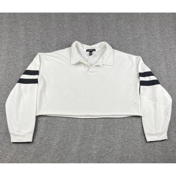 Forever 21 Women's White Cropped Long Sleeve Top with Black Stripes Size Medium - Picture 1 of 6